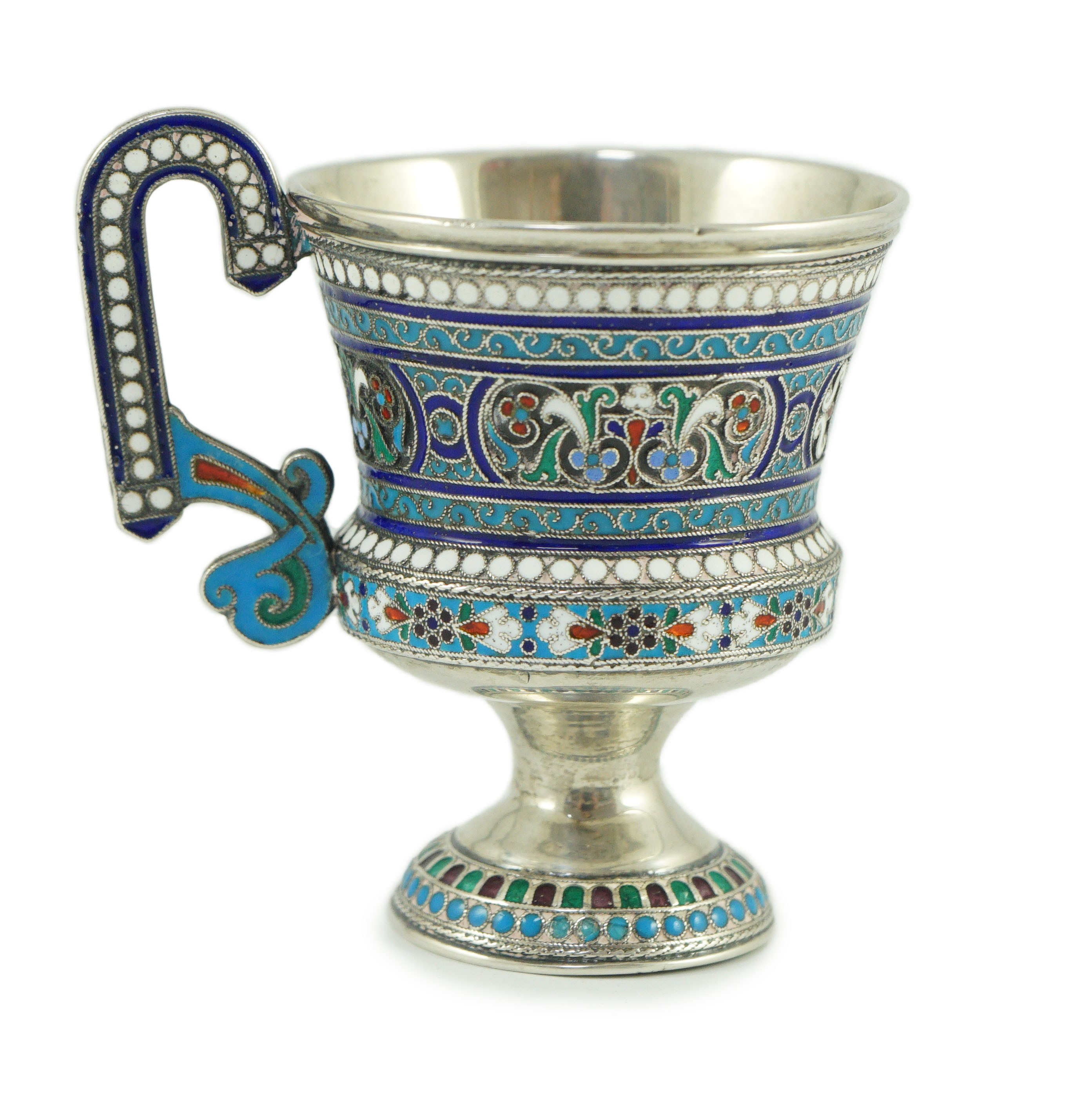 An early 20th century Russian 84 zolotnik and polychrome cloisonné enamel pedestal mug